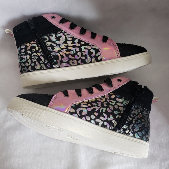 wonder nation Other - Wonder Nation Girl's HiTop Sneakers Size 3 Side Zip Lace Up Black Pink Leopard